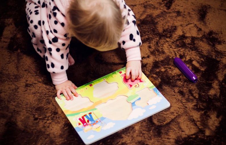 Wooden Puzzles - toddler's solving puzzle on floor